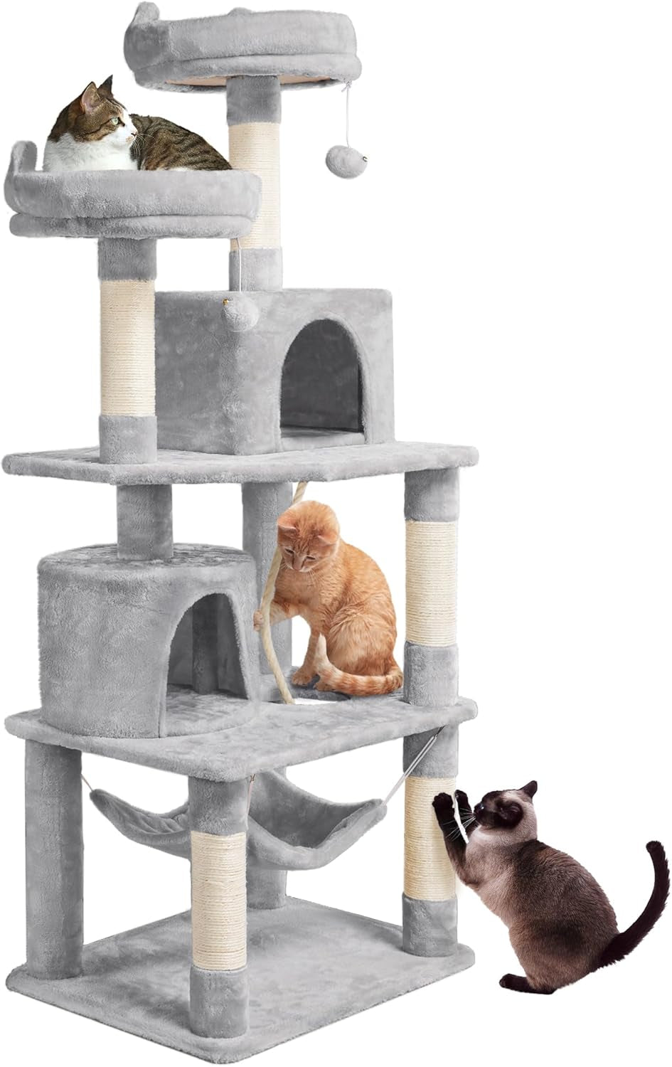 62.5Inches Cat Tree Cat Tower Cat Condo with Platform & Hammock, Scratching Posts for Kittens Pet Play House with Plush Perch for Indoor Activity Relaxing, Light Gray