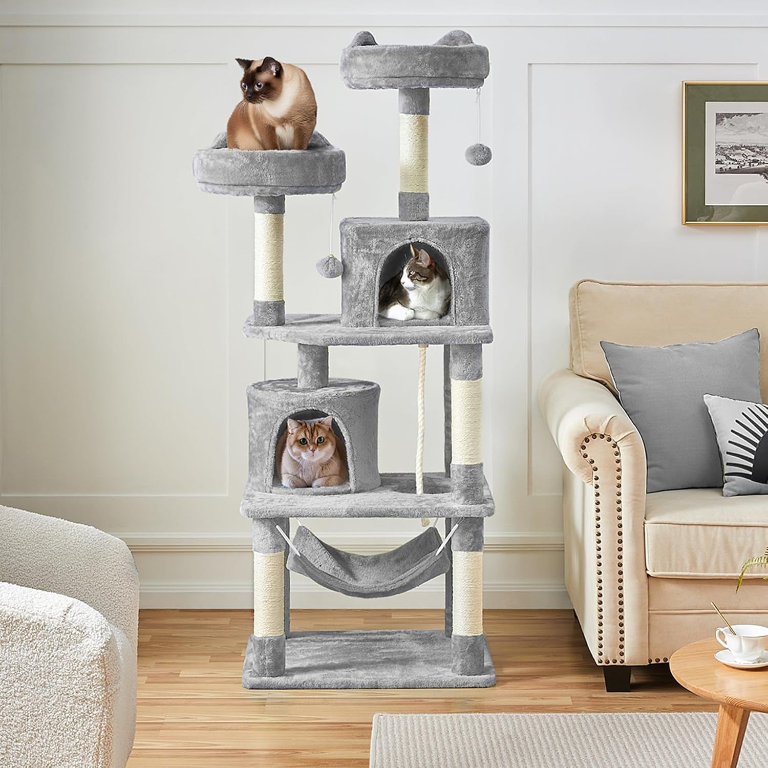 62.5Inches Cat Tree Cat Tower Cat Condo with Platform & Hammock, Scratching Posts for Kittens Pet Play House with Plush Perch for Indoor Activity Relaxing, Light Gray